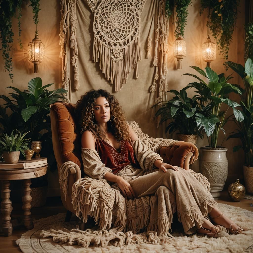 Luxurious Boho Room with Girl in Armchair