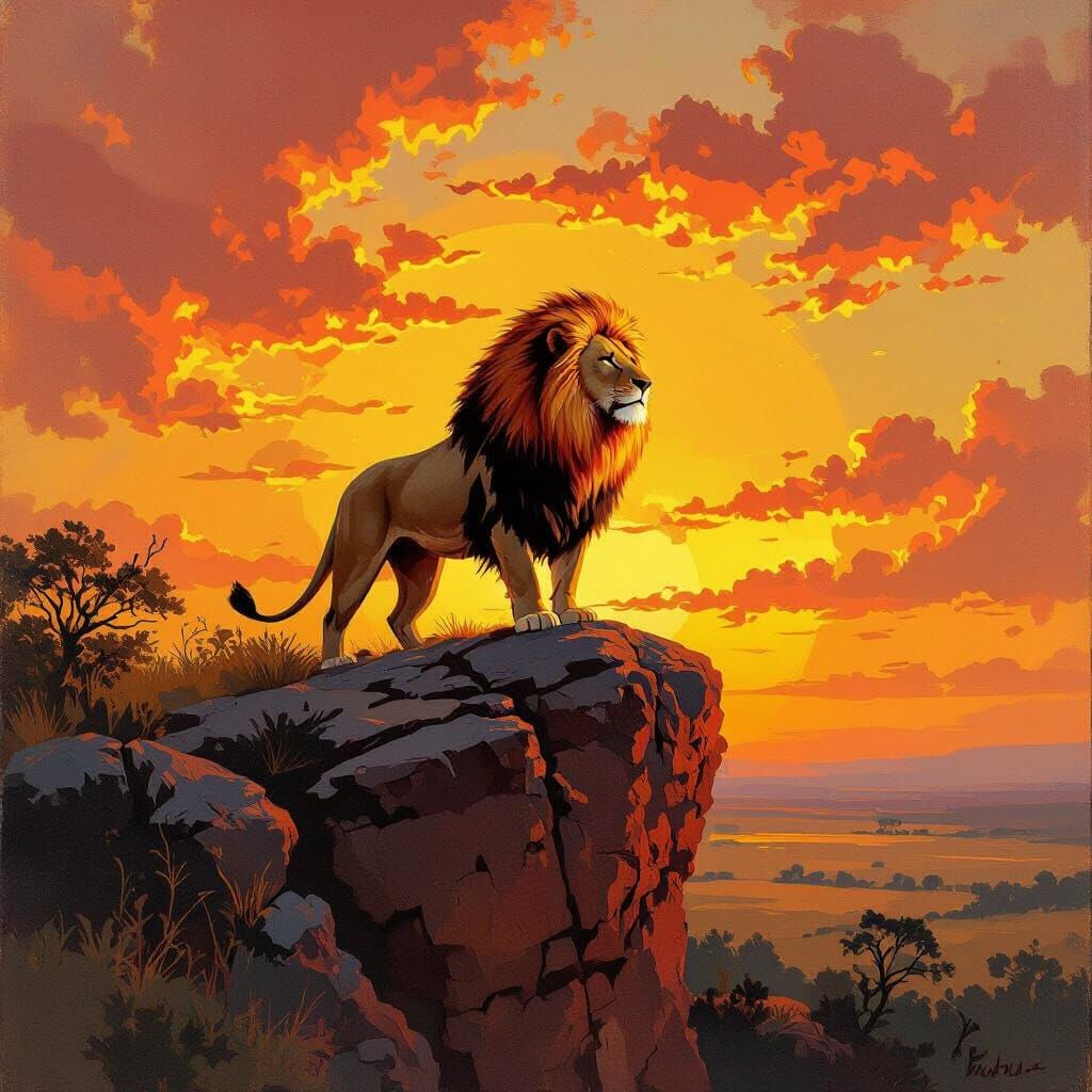 Lion with Flaming Mane on Savanna, Wildlife Painting
