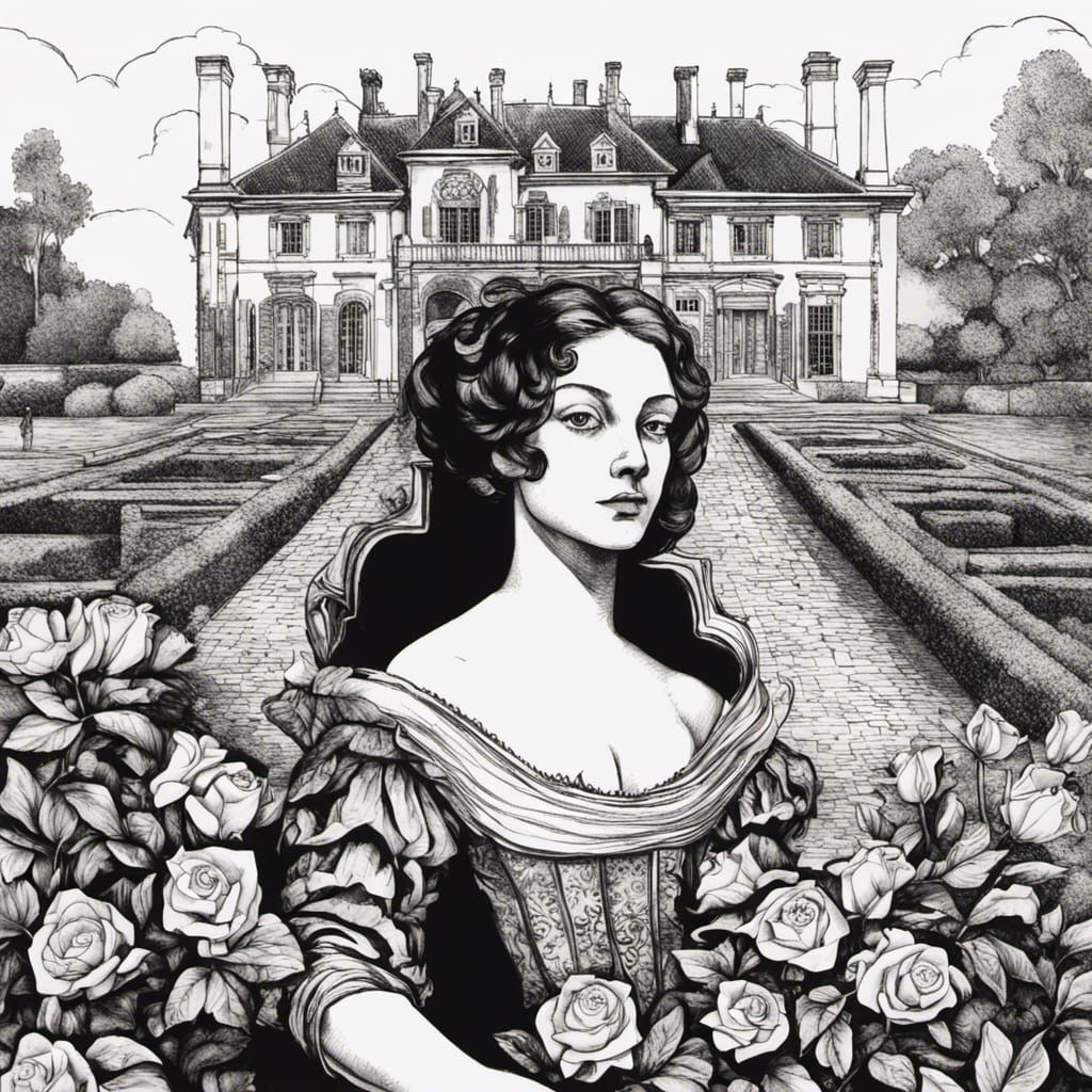 Woman with Roses: Pen and Ink Drawing