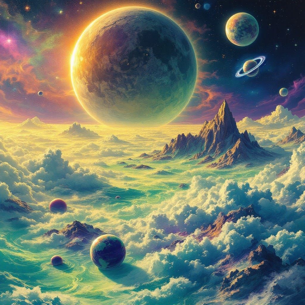 Cosmic Landscape: Moon Over Oceanic Planet in Splash Art Sty...