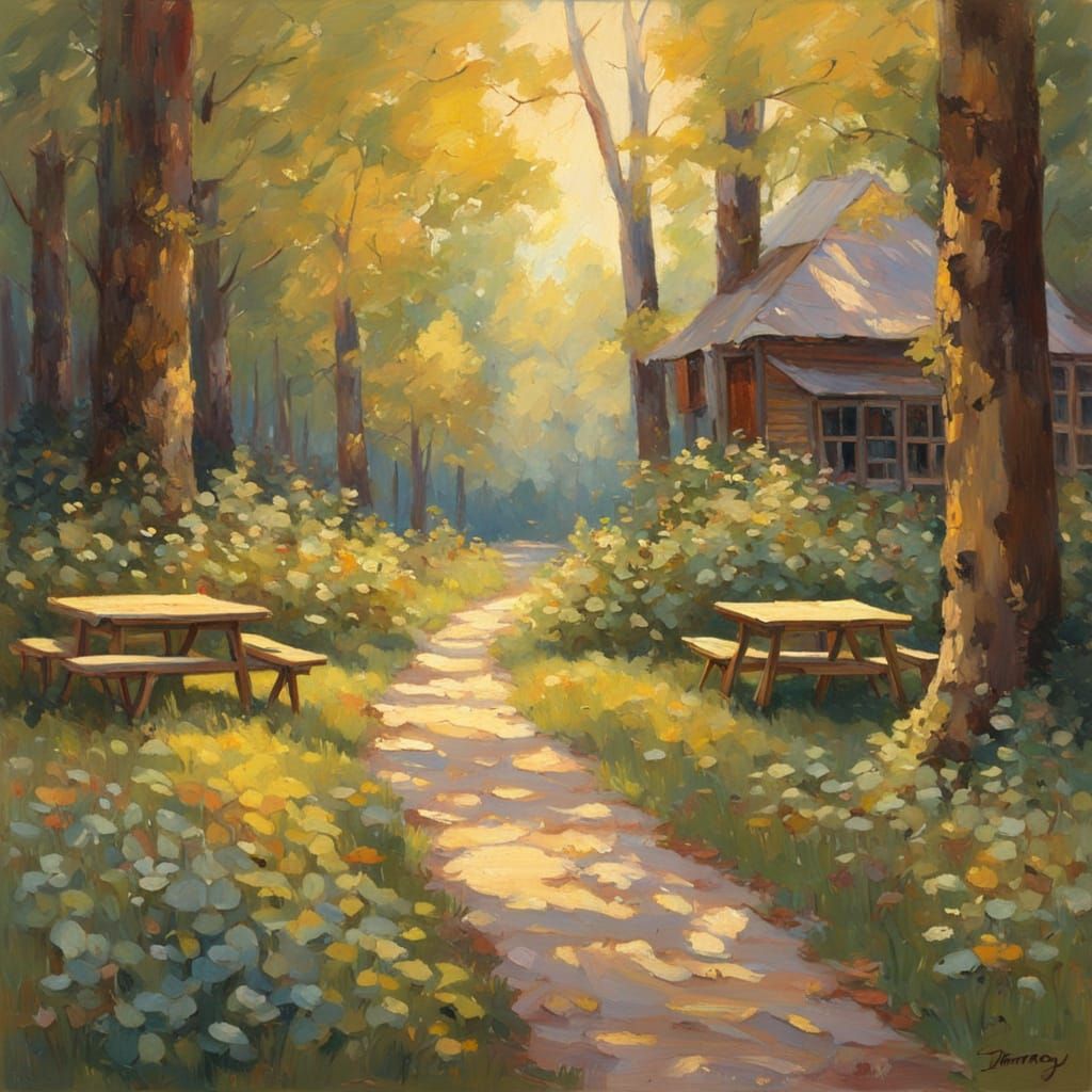 Whimsical Beer Garden in Woods Oil Painting