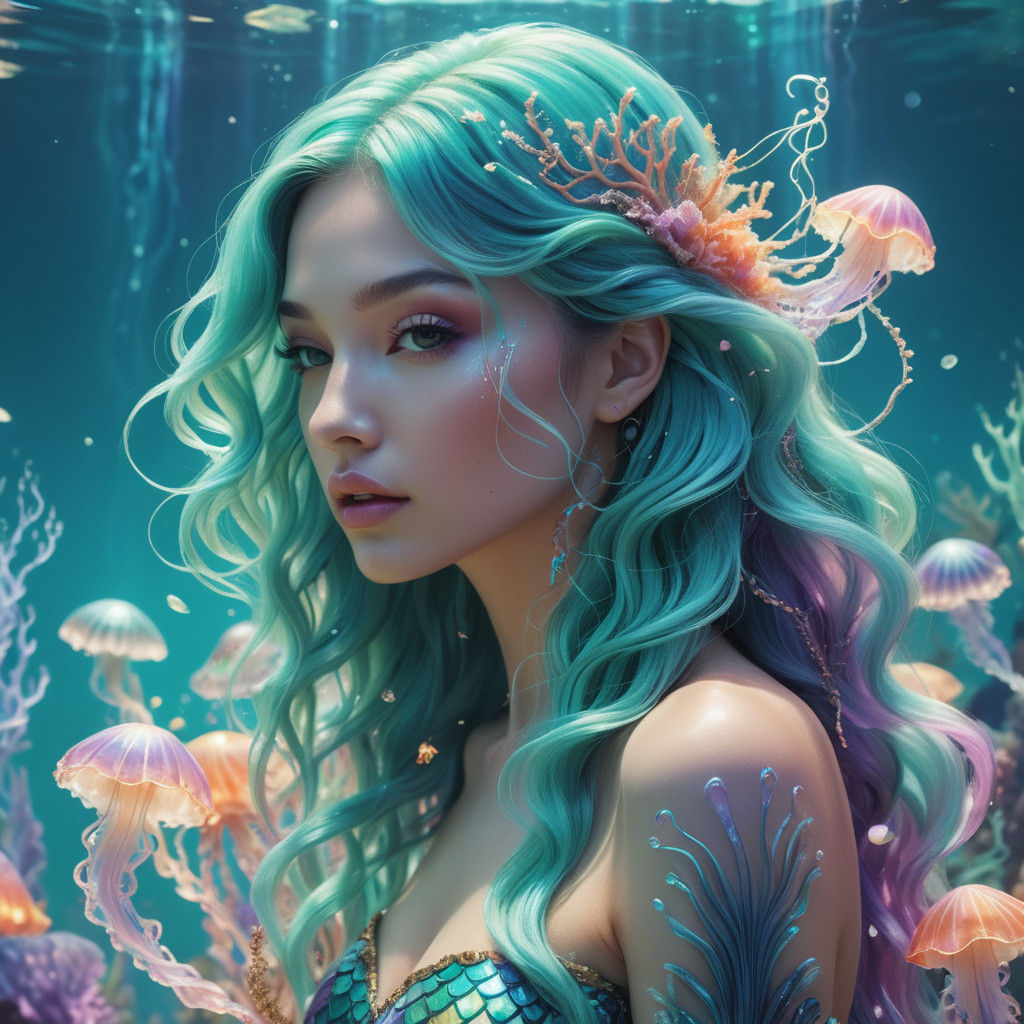 Neon Mermaid Goddess in Vibrant Oceanic Dreamscape