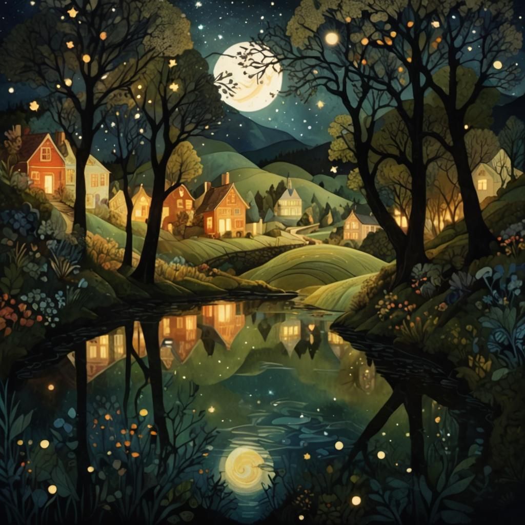 Fantastical Rural Landscape at Night in Watercolor Style