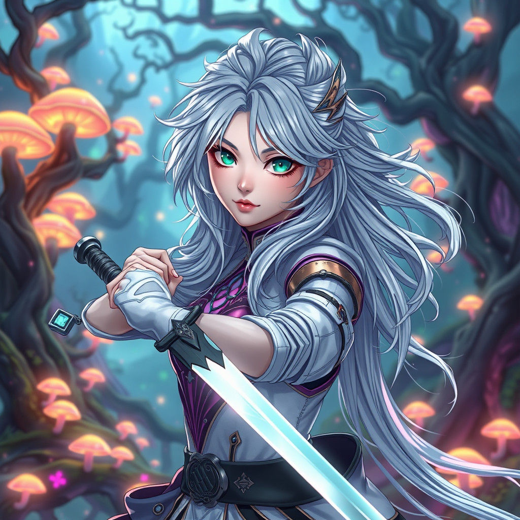 Heroic Anime Woman in Mystical Forest, 3D Render