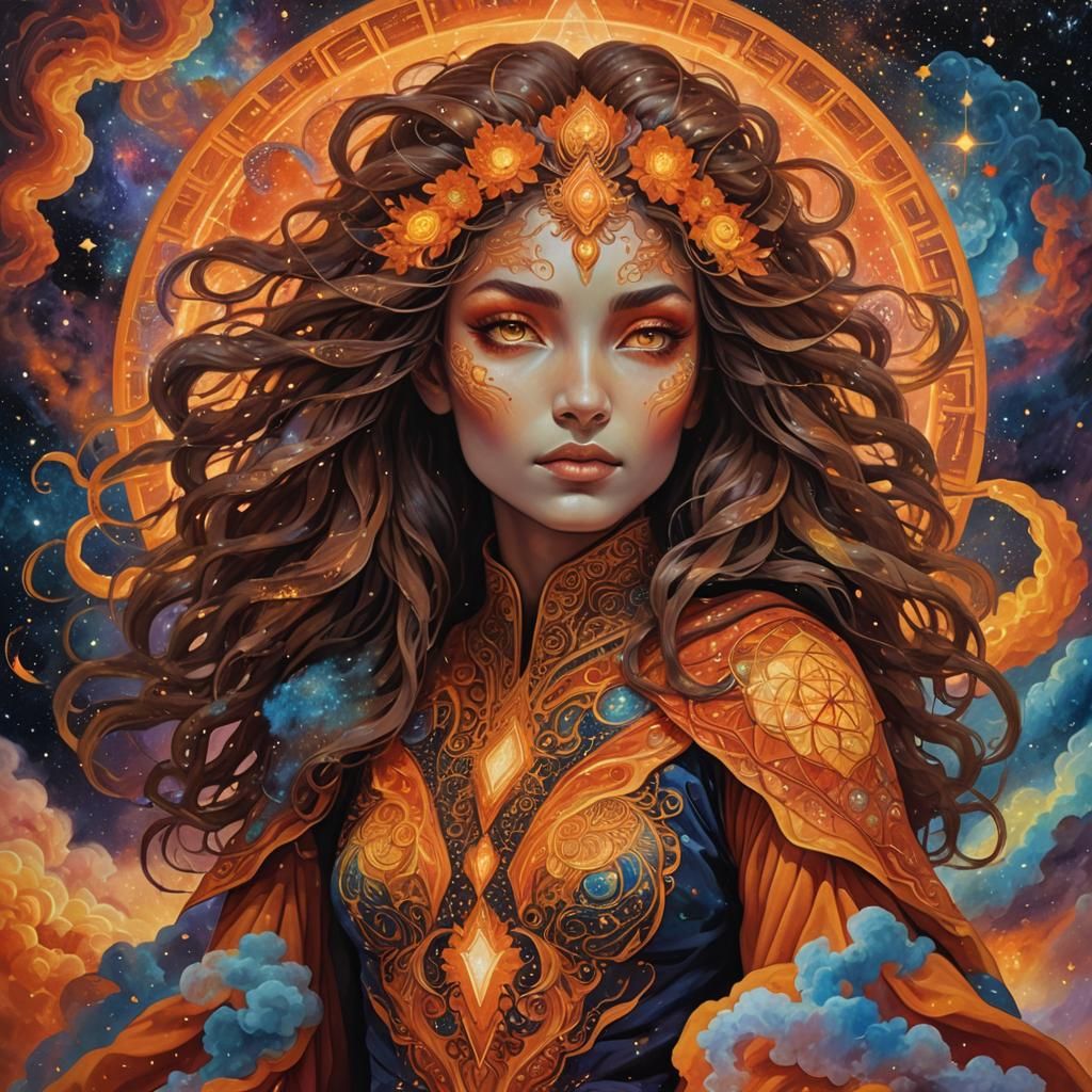 Aries Woman in Astral Dreamscape: Holographic Illustration