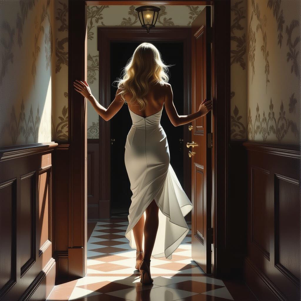 Blonde Woman in White Dress Opens Door in Old Corridor