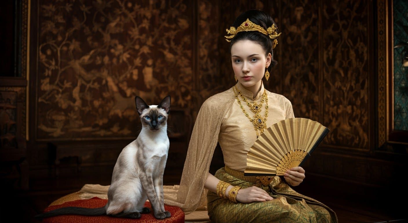 Siamese Cat and Owner in Opulent Thai Setting