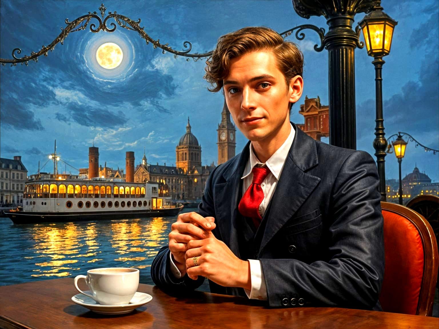 Enchanted Cafe Scene: Detailed Oil Painting of Evening River...