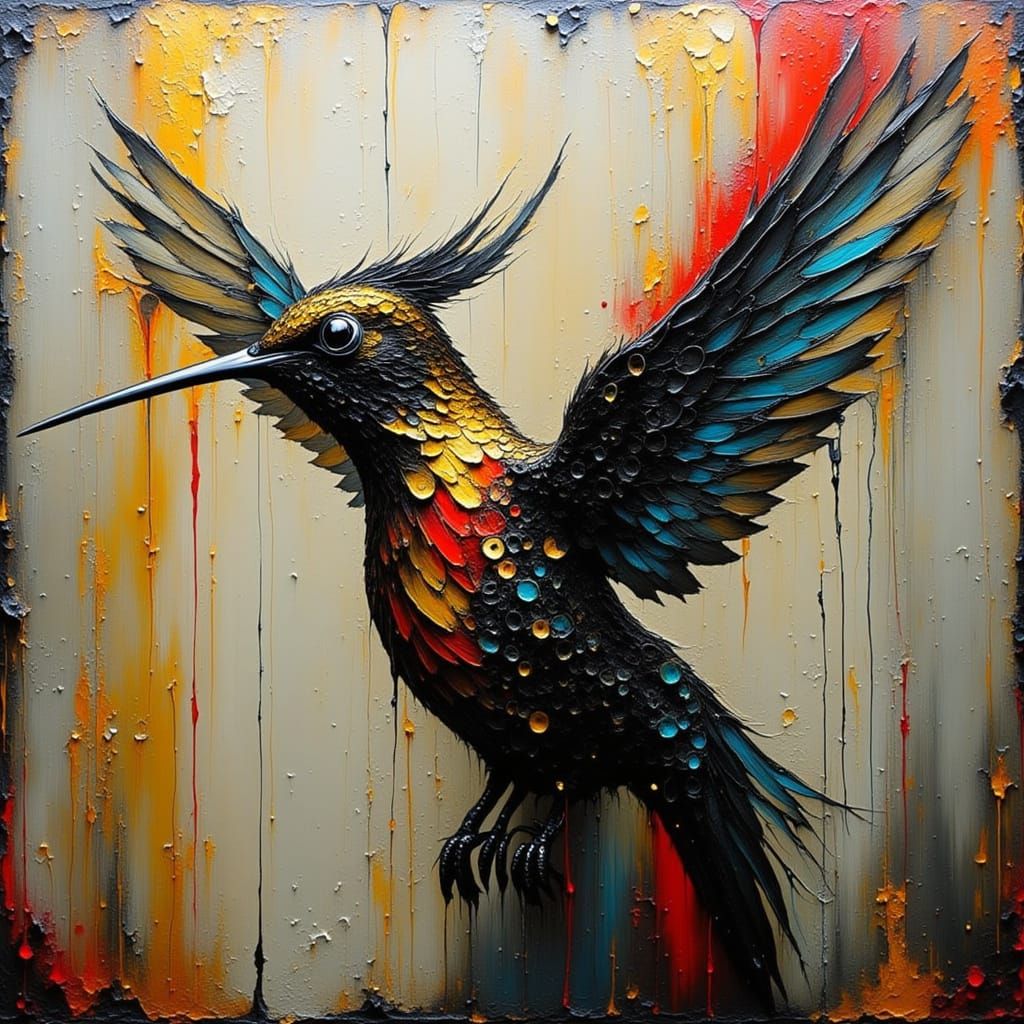 Metallic Hummingbird Portrait in Impasto Style