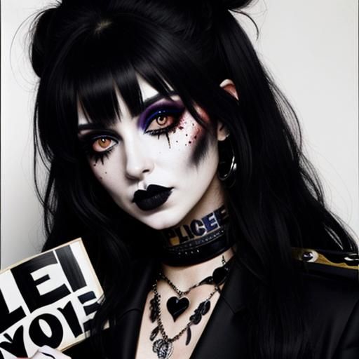 Detailed Mugshot of Goth Girl Holding Sign