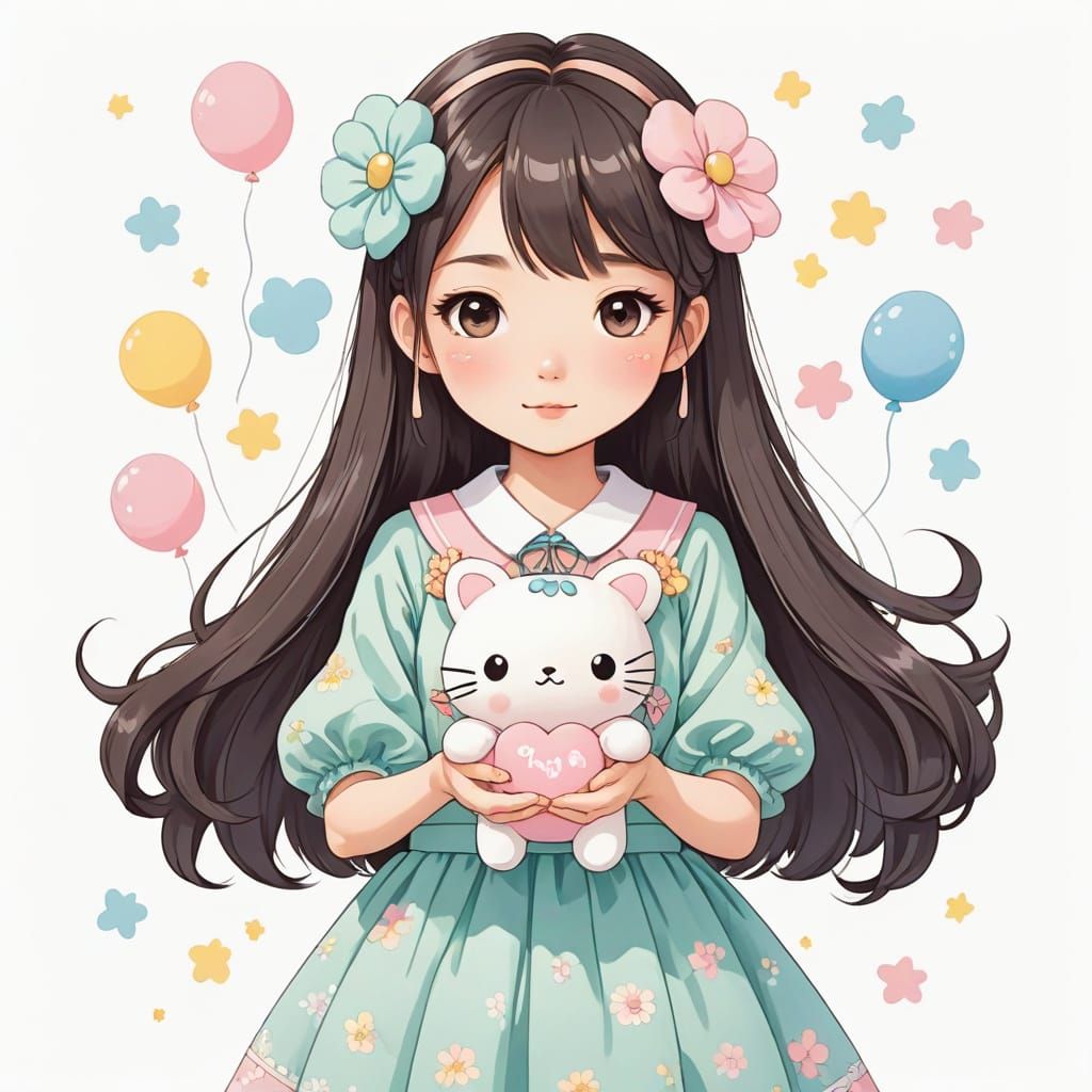 Kawaii Anime Girl with Plushie in Pastel Colors