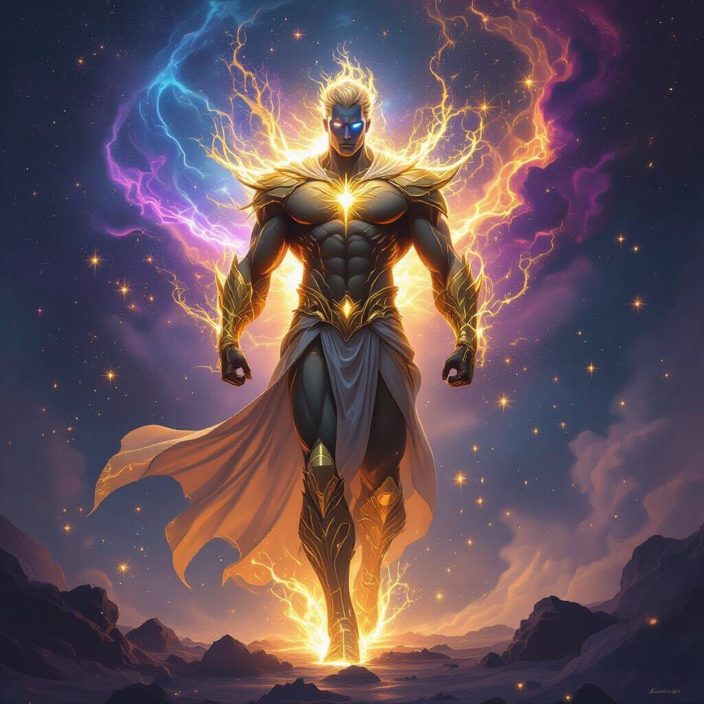 Golden Titan Charisma in Cosmic Nebula