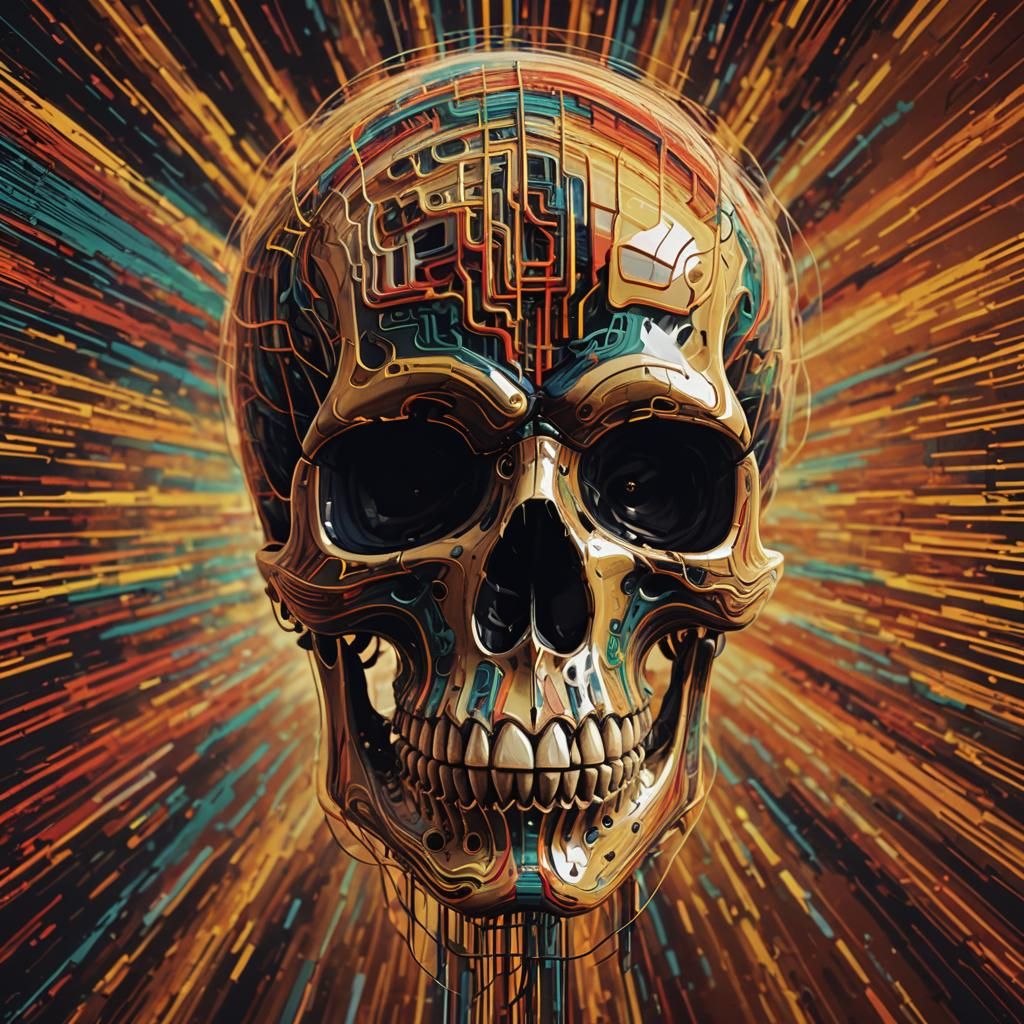 Hyperrealistic Skull with Glitch Effect in Warm Colors