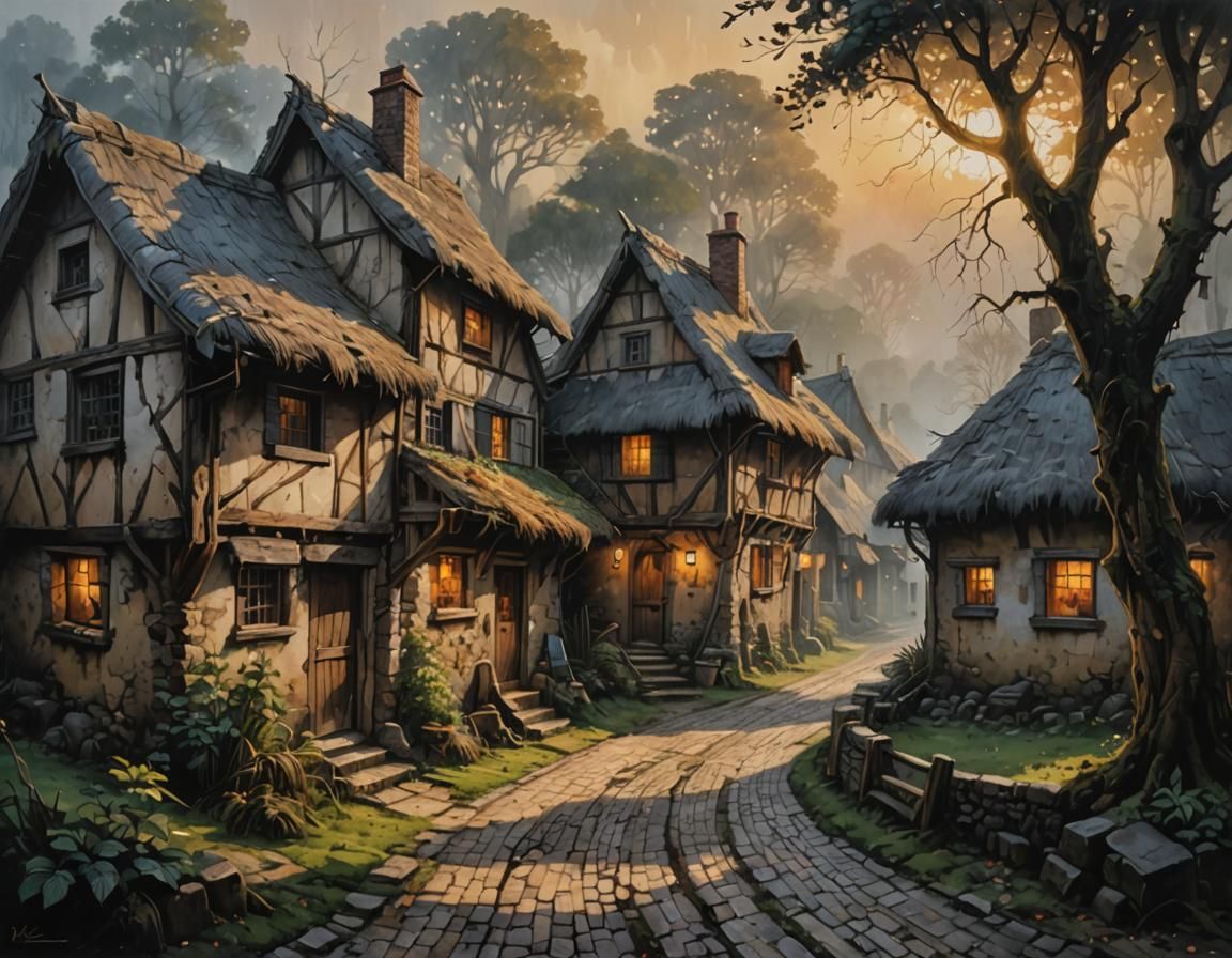 Rustic Village Houses in Morning Mist, Acrylic Painting