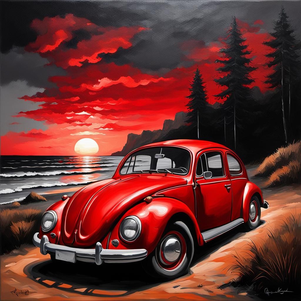 Red VW Beetle at Sunset: Rembrandt-Style Oil Painting