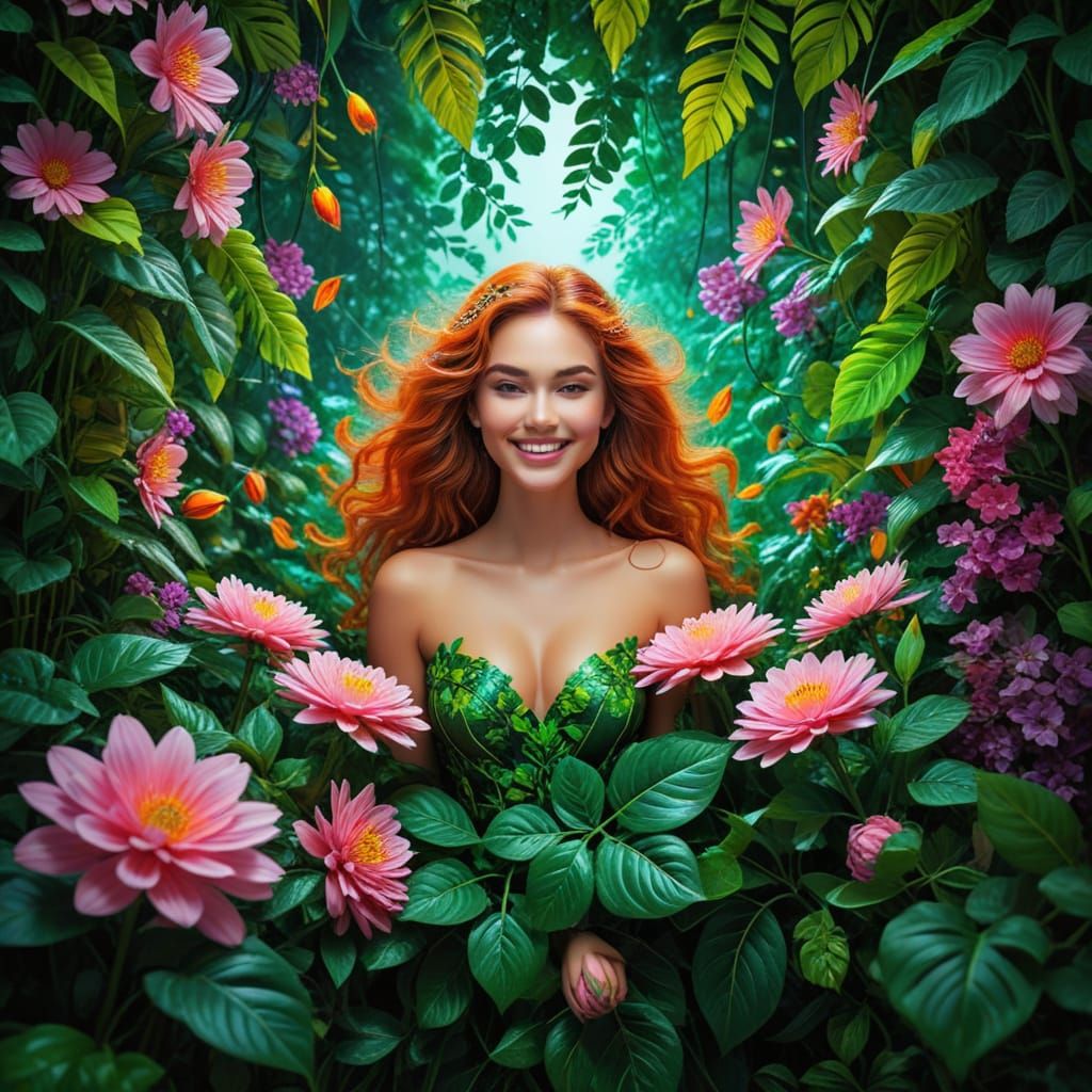 Radiant Woman Surrounded by Fluorescent Flowers