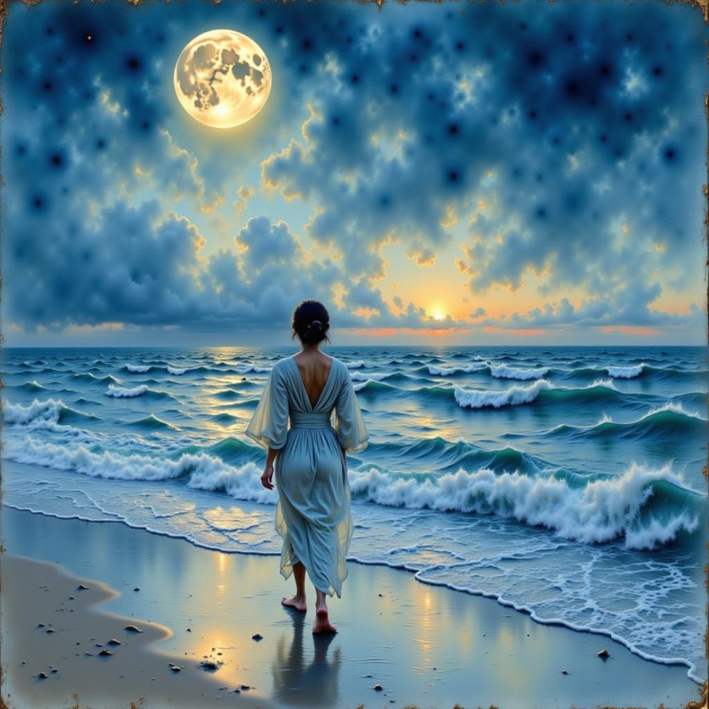 Woman Walking Barefoot by the Sea at Twilight