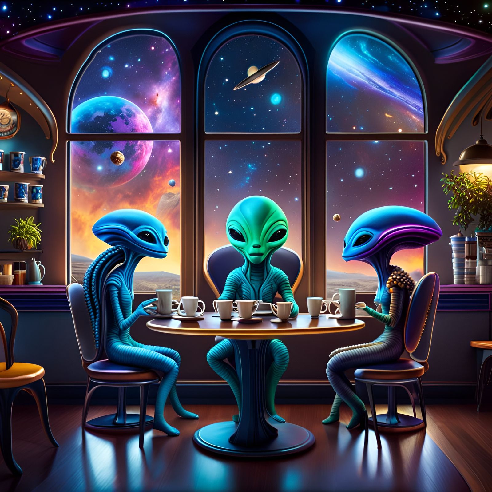Happy Aliens in a Galaxy Coffee Shop