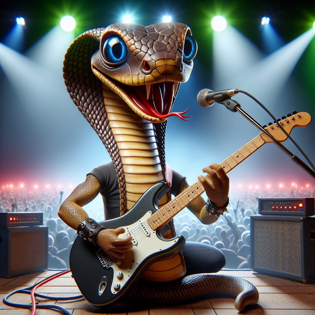 Humanoid King Cobra Shreds Guitar at Rock Concert