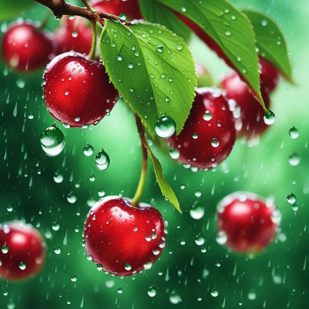 Cute Cherry Branch in Rainy Digital Artwork