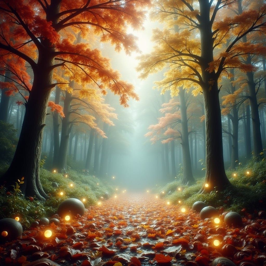 Ethereal Autumn Woodland Forest in Vibrant Colors