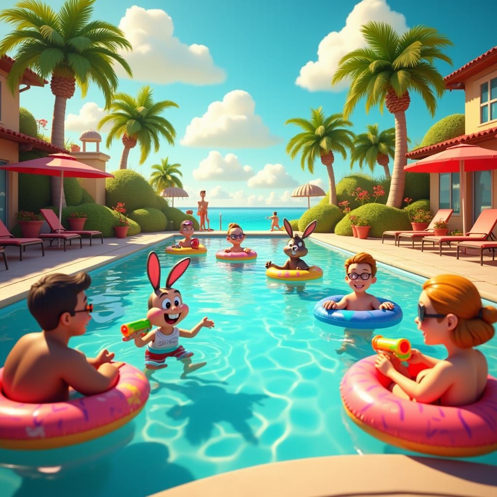 Cartoon Characters Pool Party in Dreamlike Setting