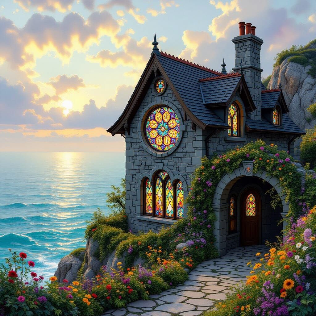 Gothic House Overlooking Turquoise Ocean, in Pre-Raphaelite ...