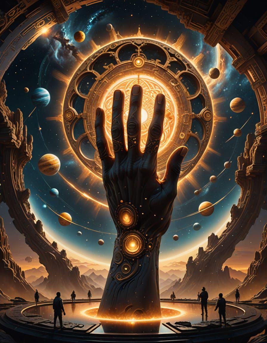 Colossal Hands Holding Geometric City in Cosmic Landscape