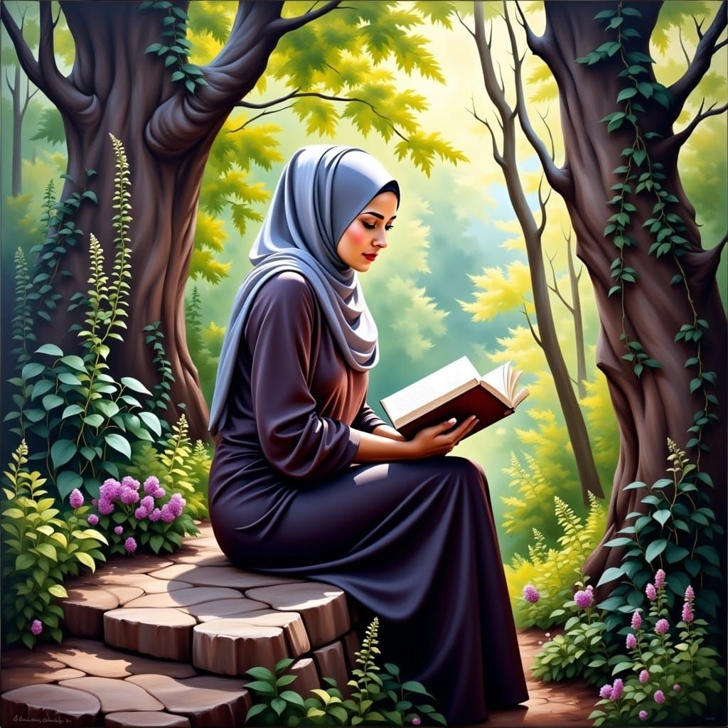 Beautiful Hijabi Woman Reading in Mystic Forest