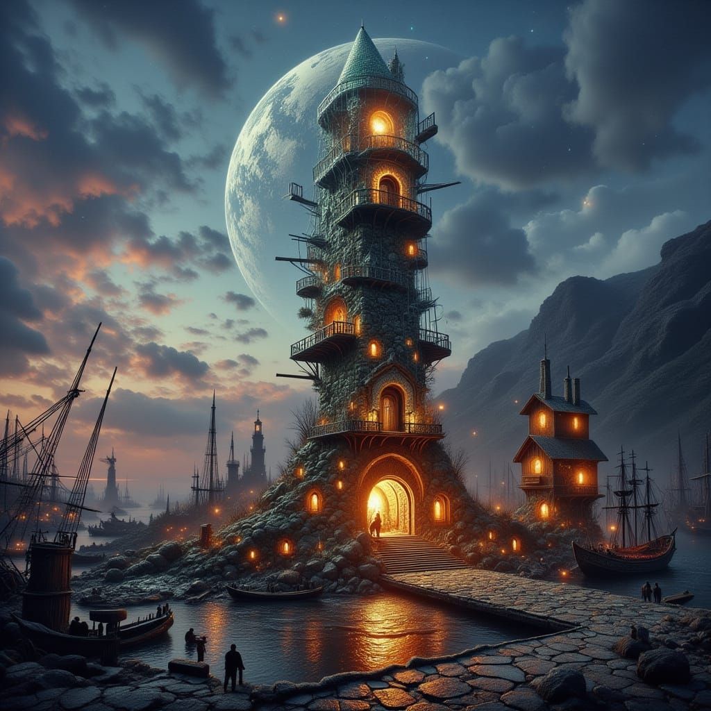 Mythic Harbor at Twilight with Glass Lighthouse