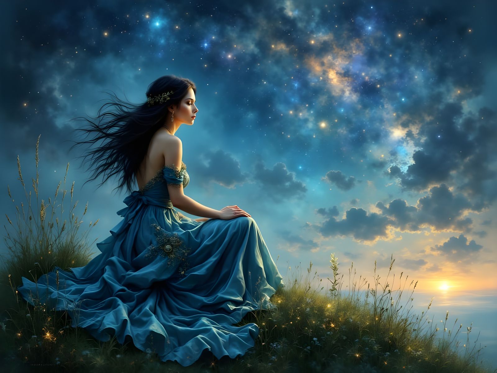 Norse Goddess Under the Starry Skies of Jupiter and Mars