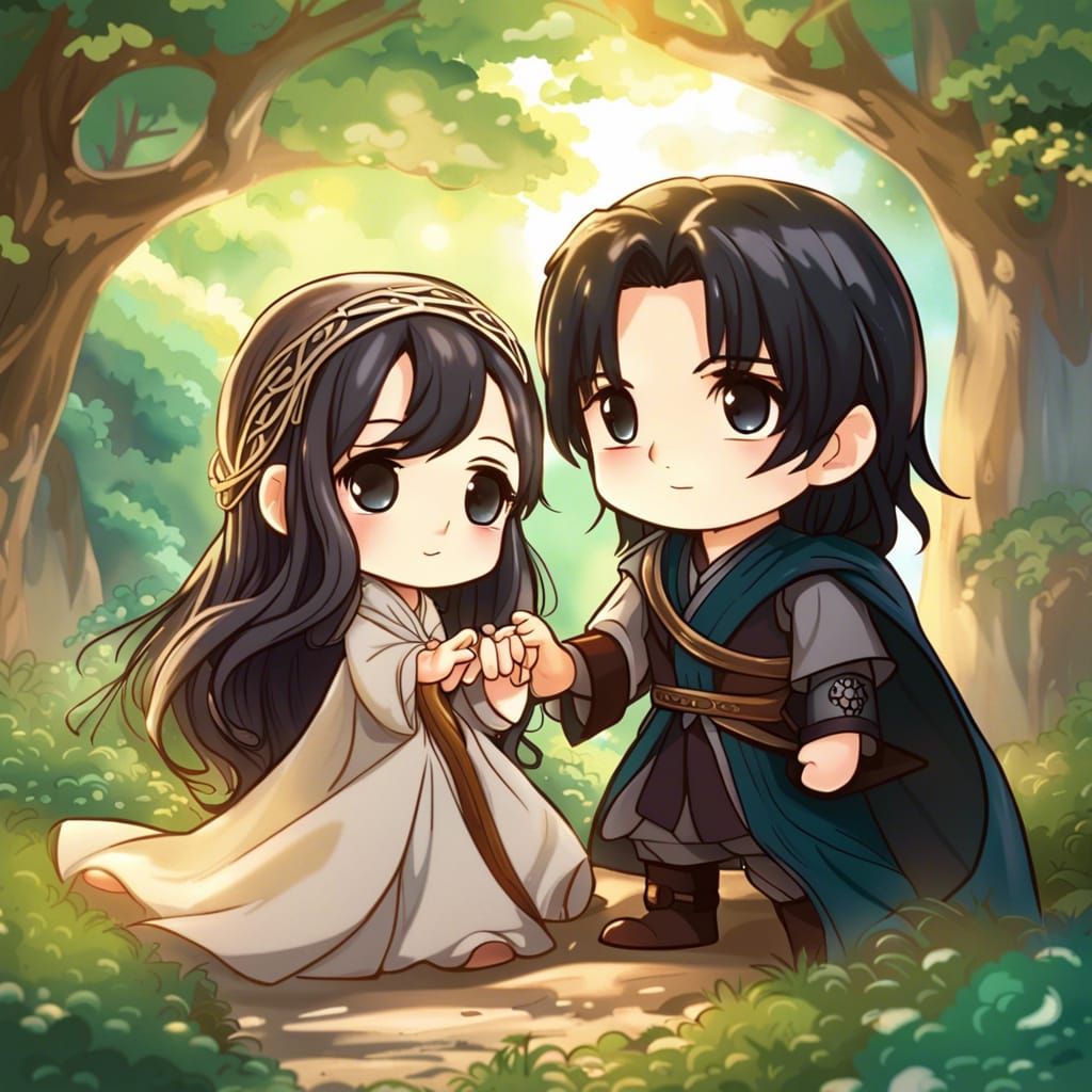 Chibi Aragorn and Arwen in Rivendell: Anime Art