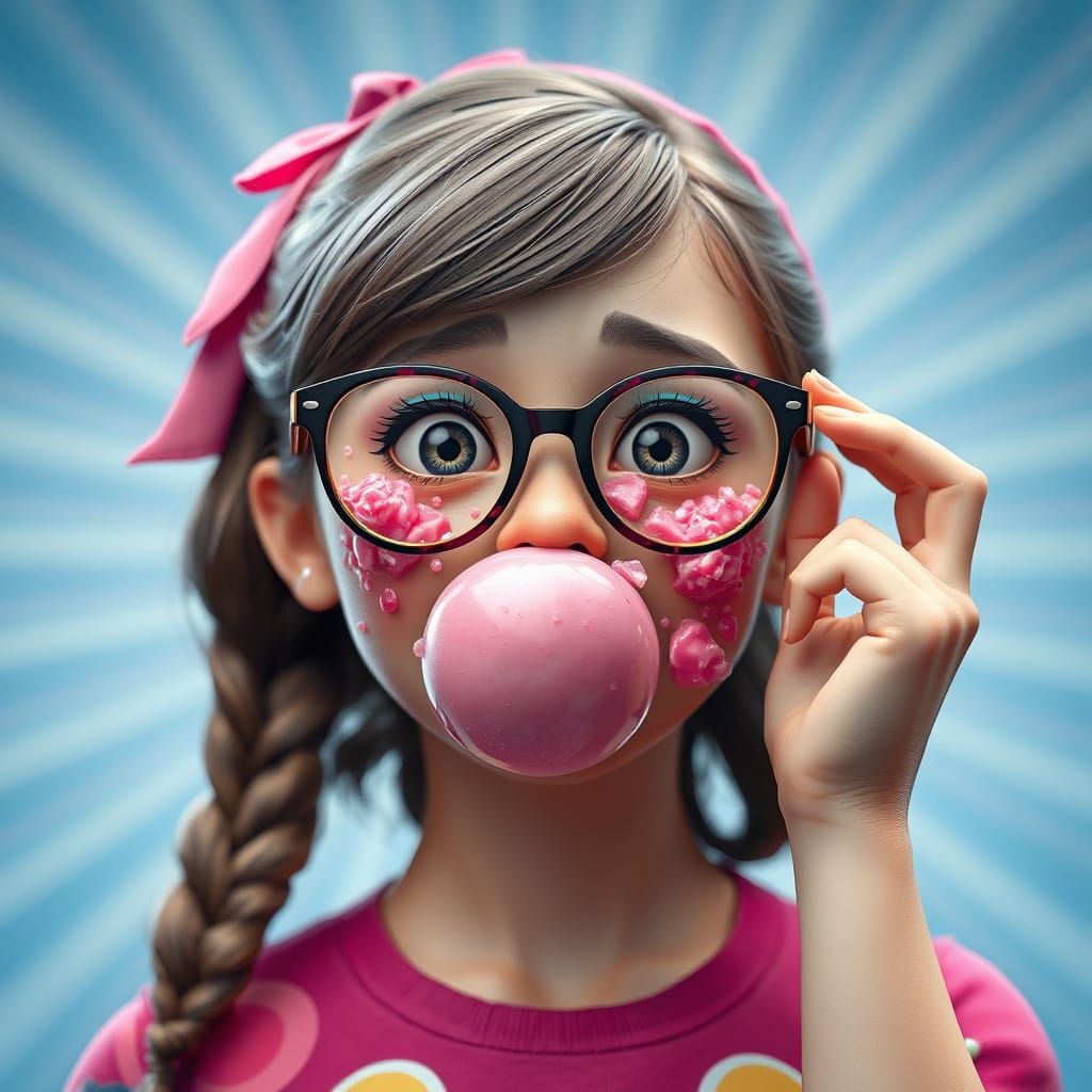 Girl's Face Painted with Pink Gum in Dismay