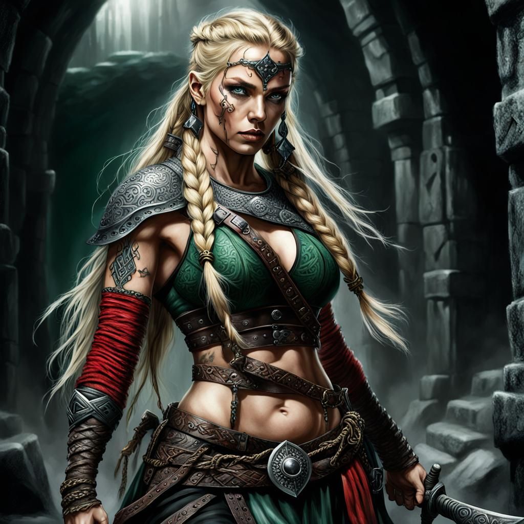 Viking Warrior in Dungeon, Airbrush Style Illustration