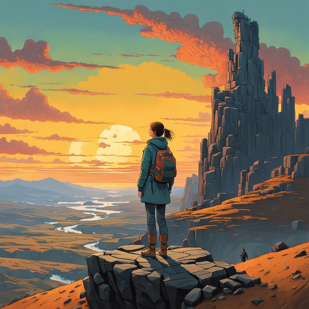 Woman at Sunrise Overlooking Utopian Landscape