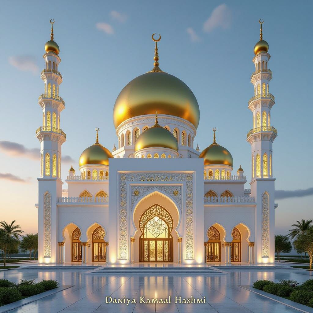 Luxurious Mosque with Golden Domes and Arabic Art