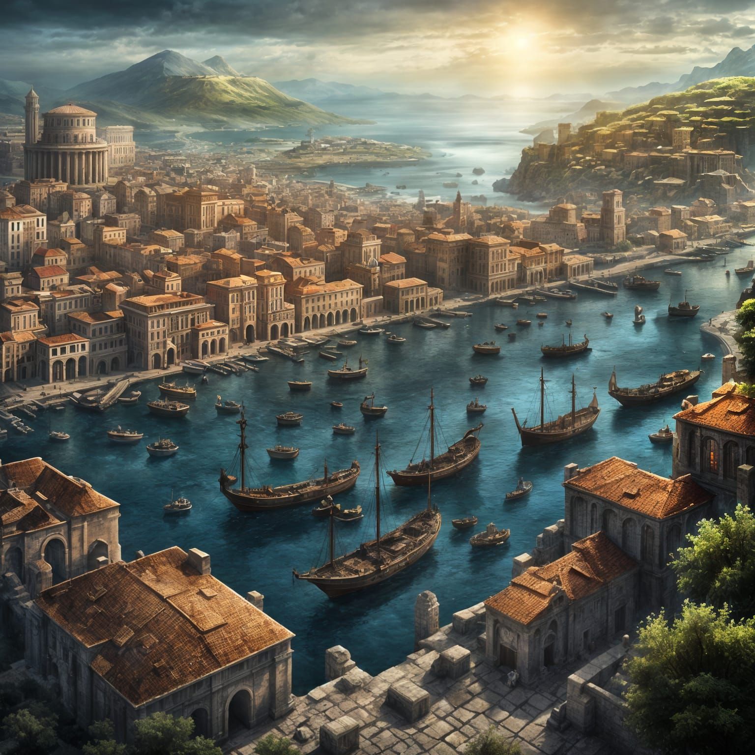 Dark Fantasy Roman Port City by the Ocean