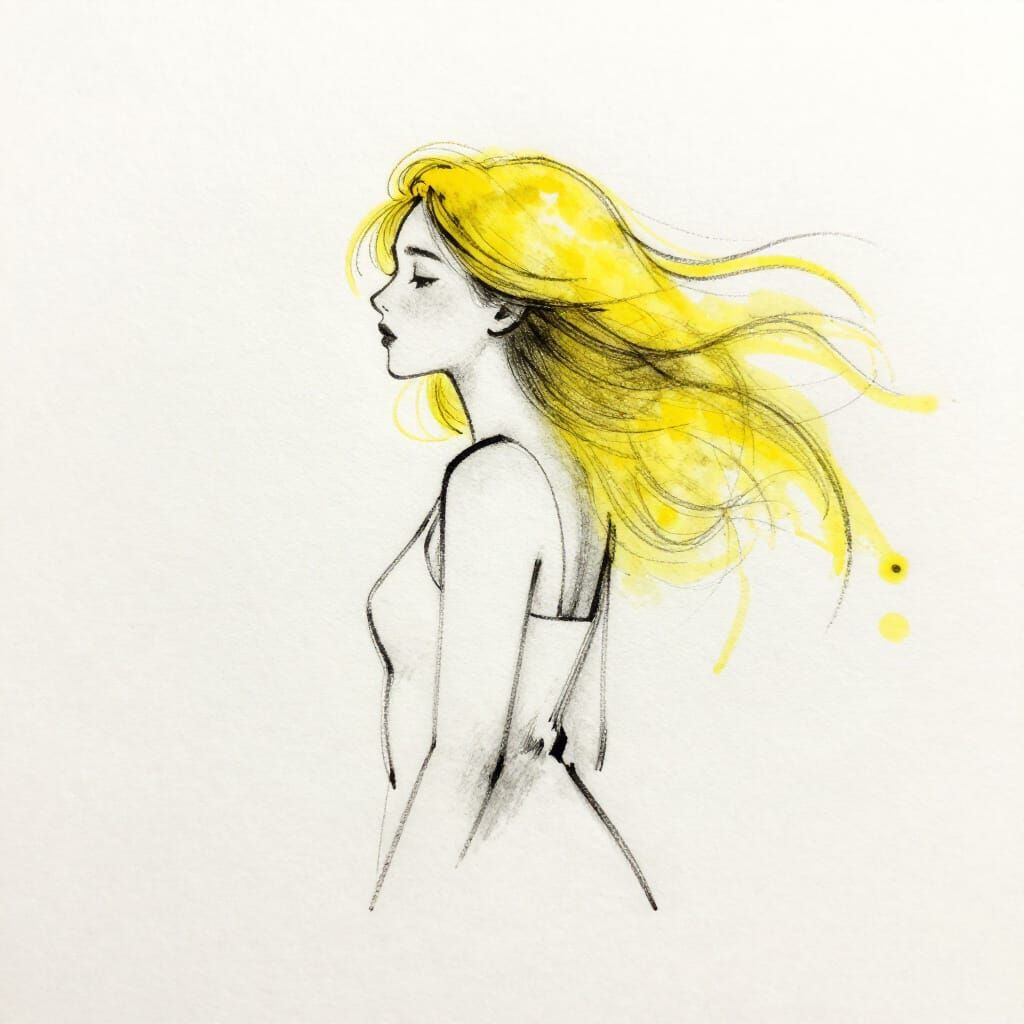 Minimalist Charcoal Sketch of Woman with Yellow Hair and Col...
