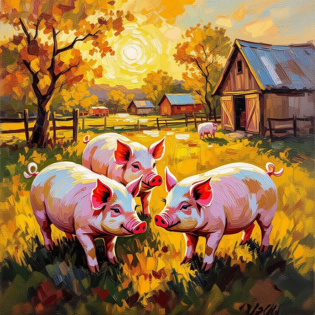 Vibrant Oil Painting of Pigs in Golden Hour Sunlight