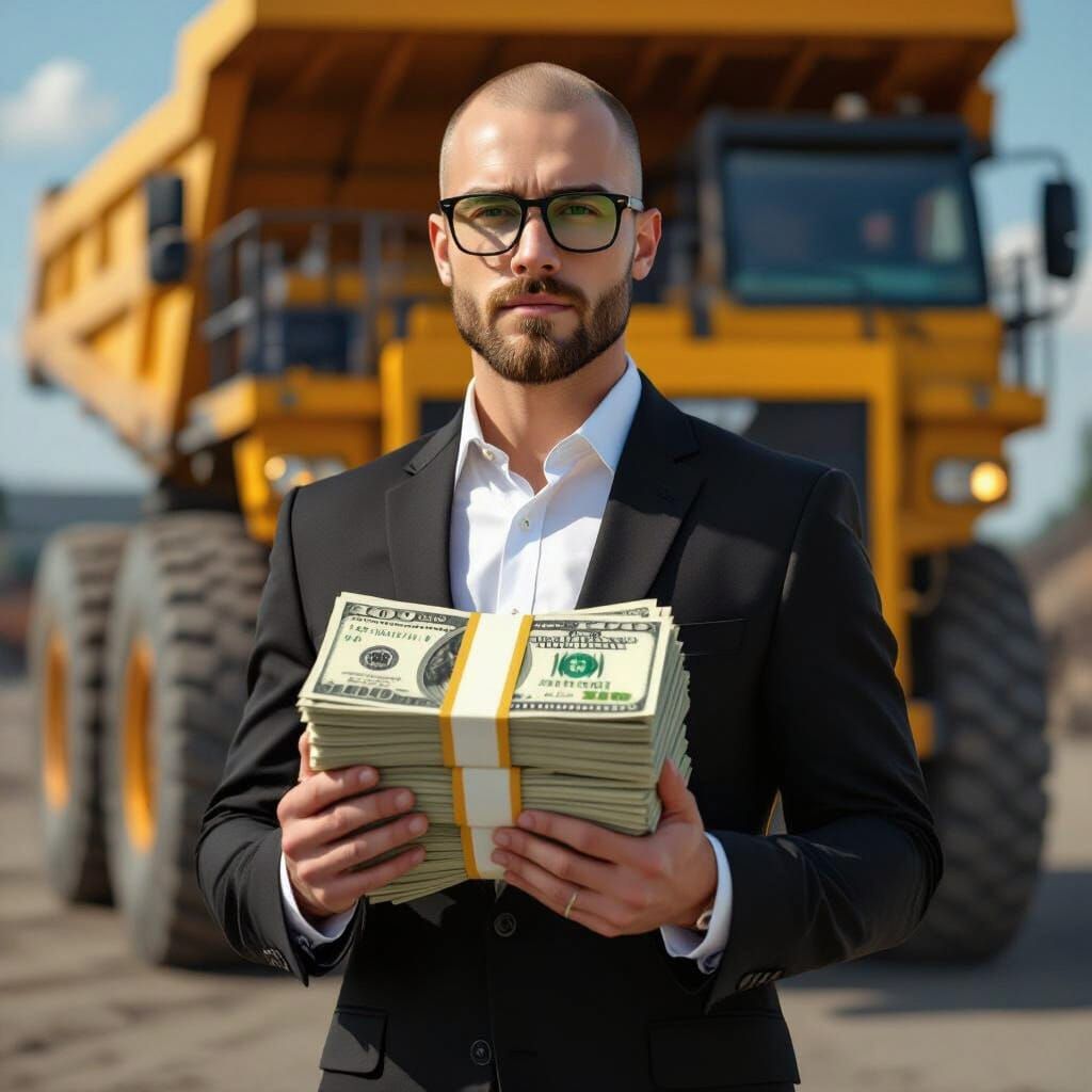 Caricature of Man with Cash and Mining Truck
