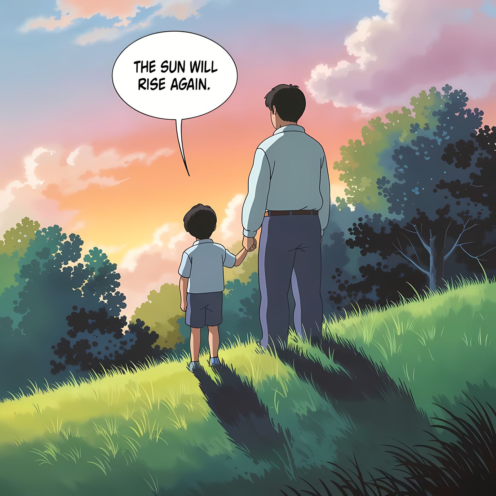 Hopeful Moment of Father and Son in Muted 90s Comic Book Sty...