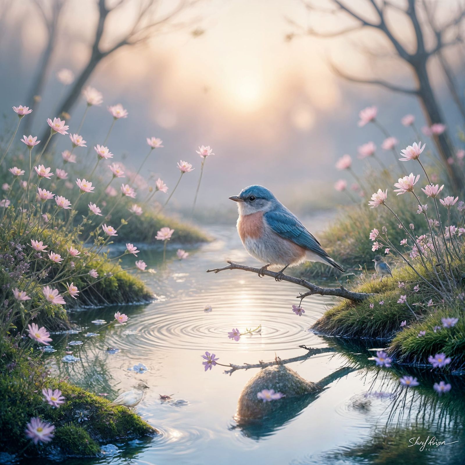 Bluebird on Branch Above Shimmering Pond in Pastel Light
