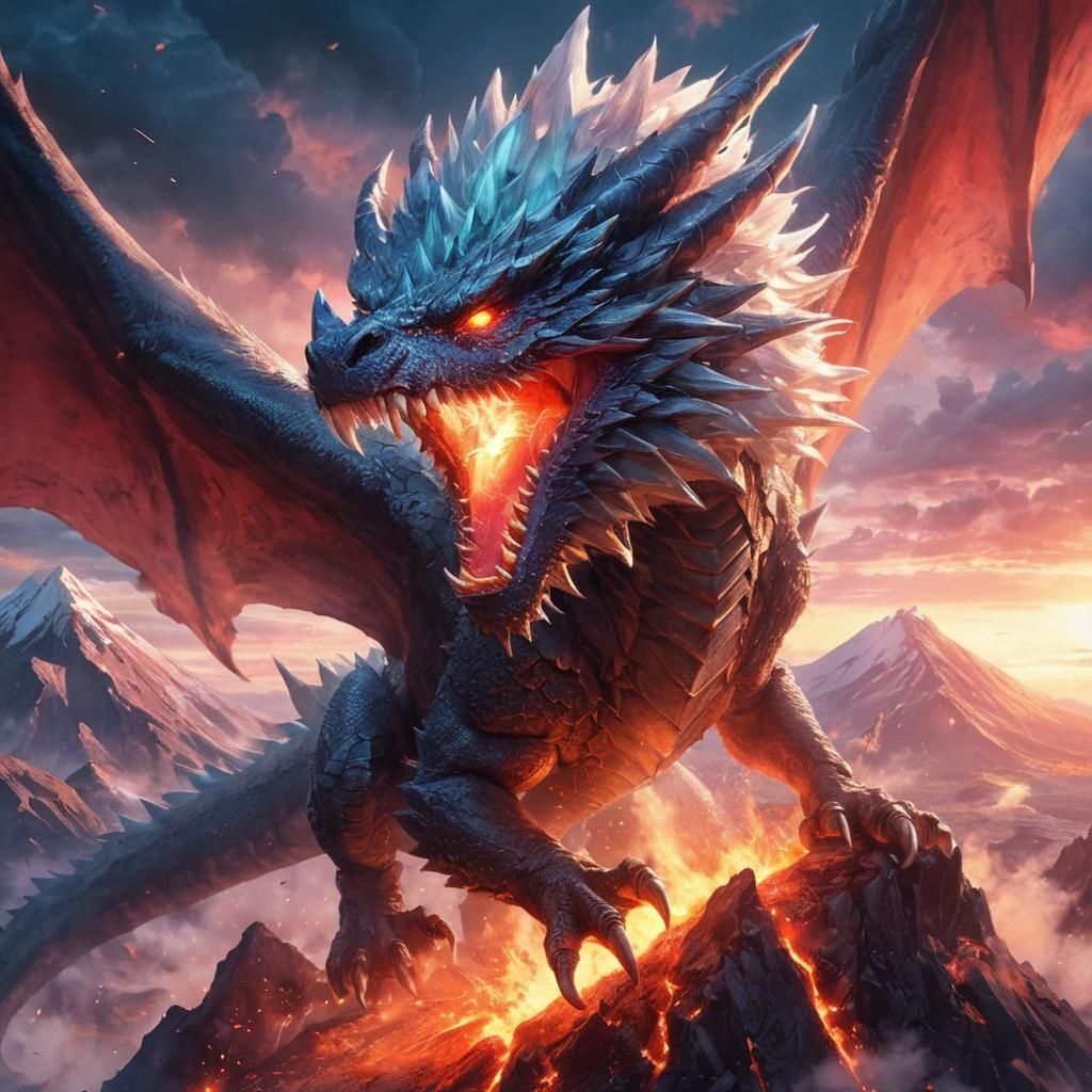 Furious Dragon Roaring Atop Volcano