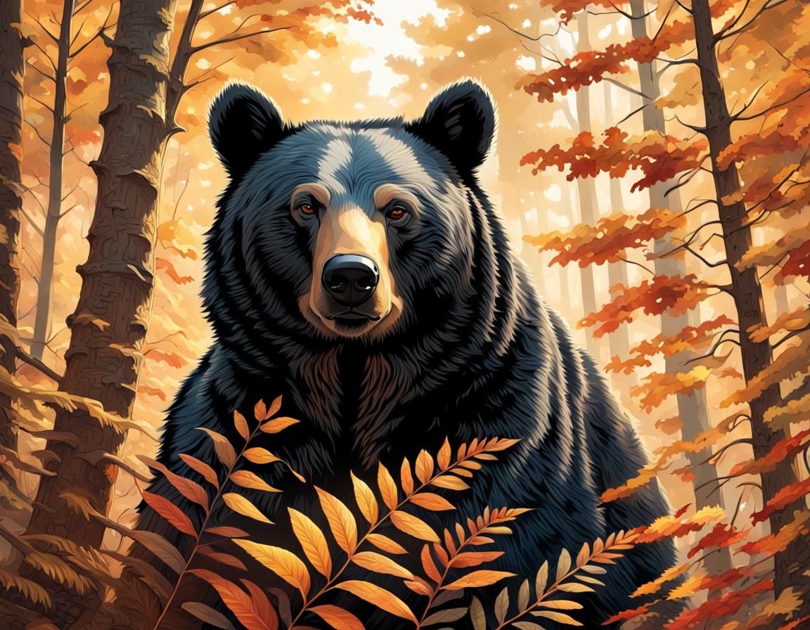 Black Bear Mother in Autumn Forest, Comic Book Style