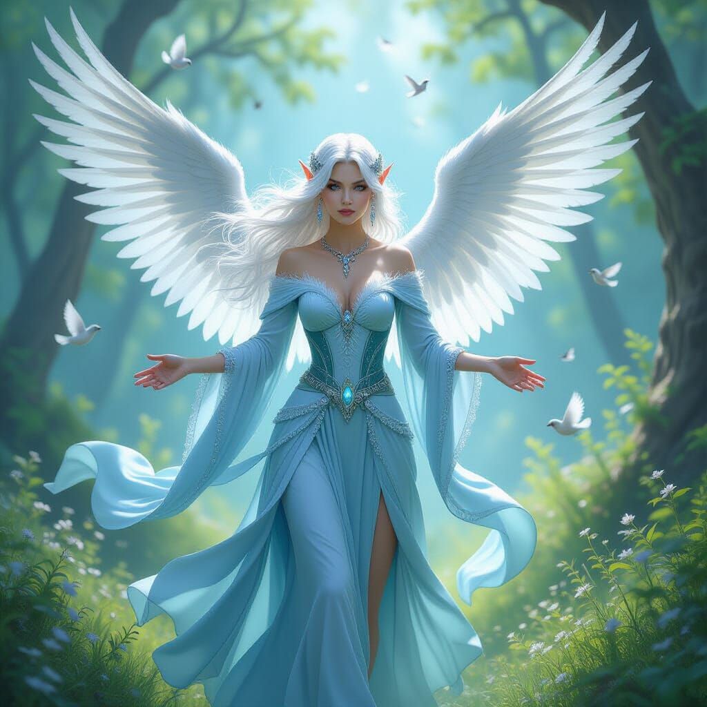 Avariel Priestess in Flight with Angelic Wings