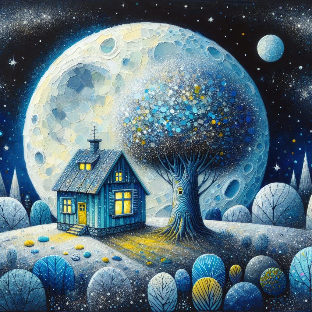 Enchanting Blue Lunar Scene with Stardust House