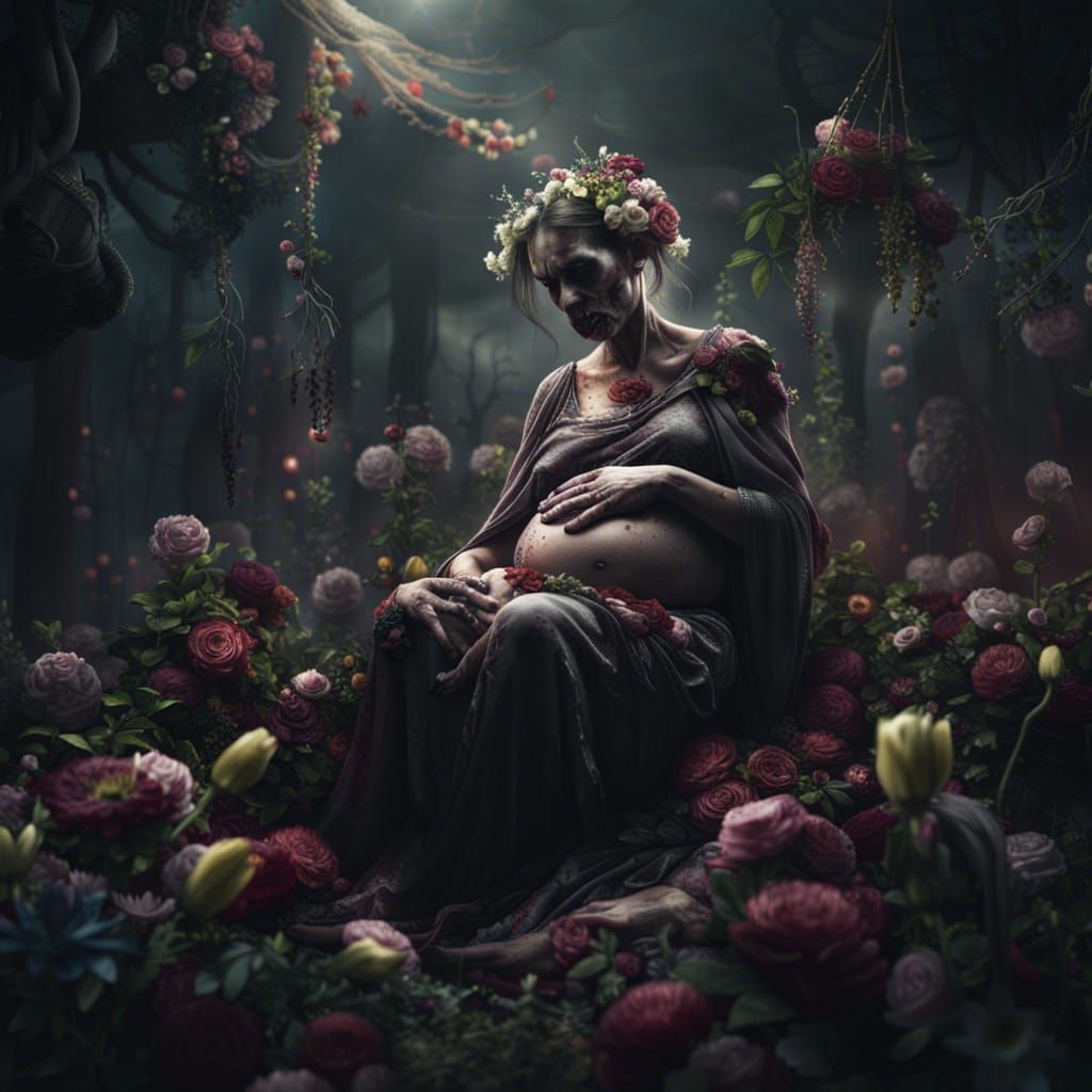 Pregnant Zombie Giving Birth with Flowers