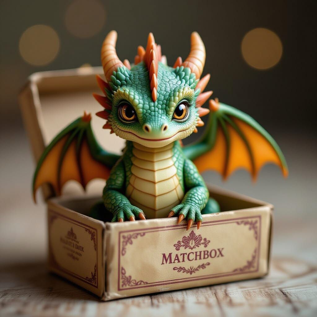 Adorable Dragon in Vintage Matchbox, Hyperrealistic