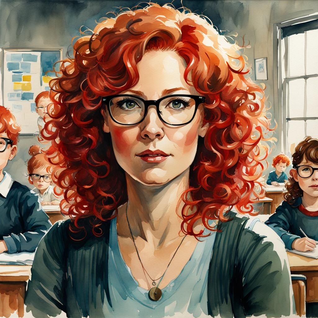 Elementary School Teacher in Watercolor and Ink