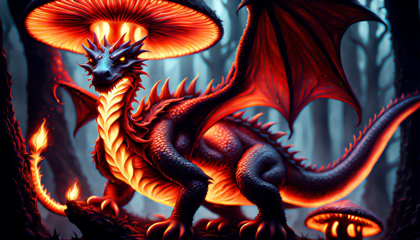 Fiery Dragon Mushrooms in Dark Fantasy Style